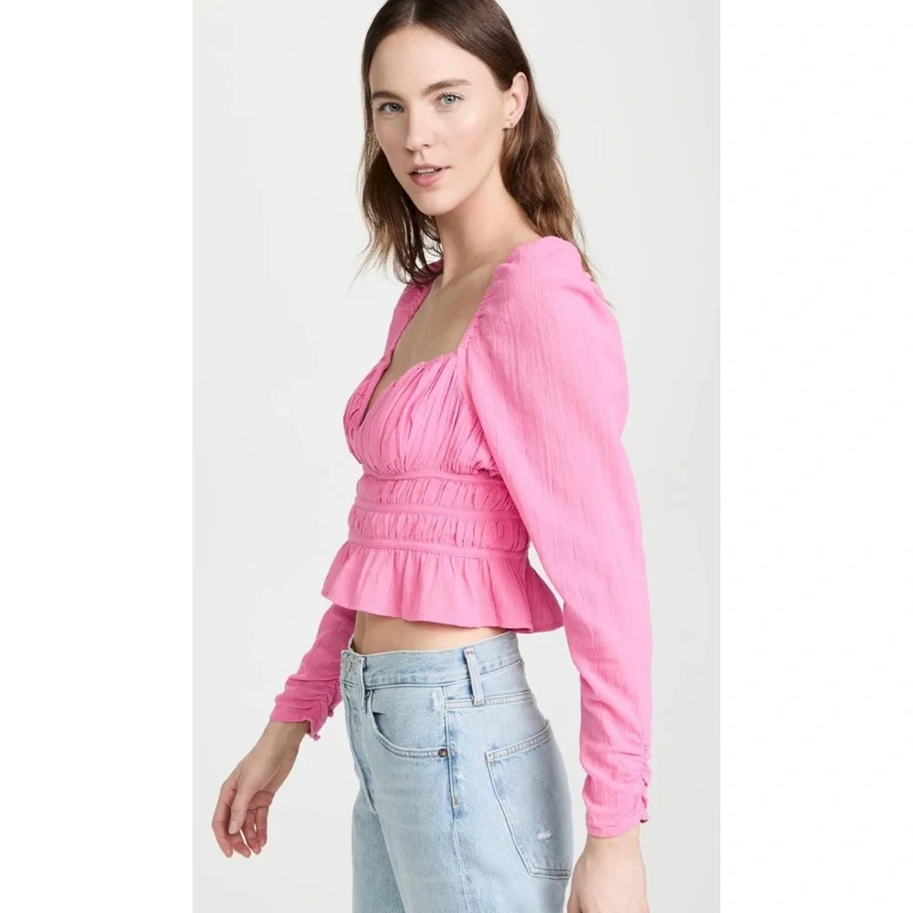 Free People Women’s Top Chloe Aurora Pink Smoked Tie Back Size M Long‎ Sleeve